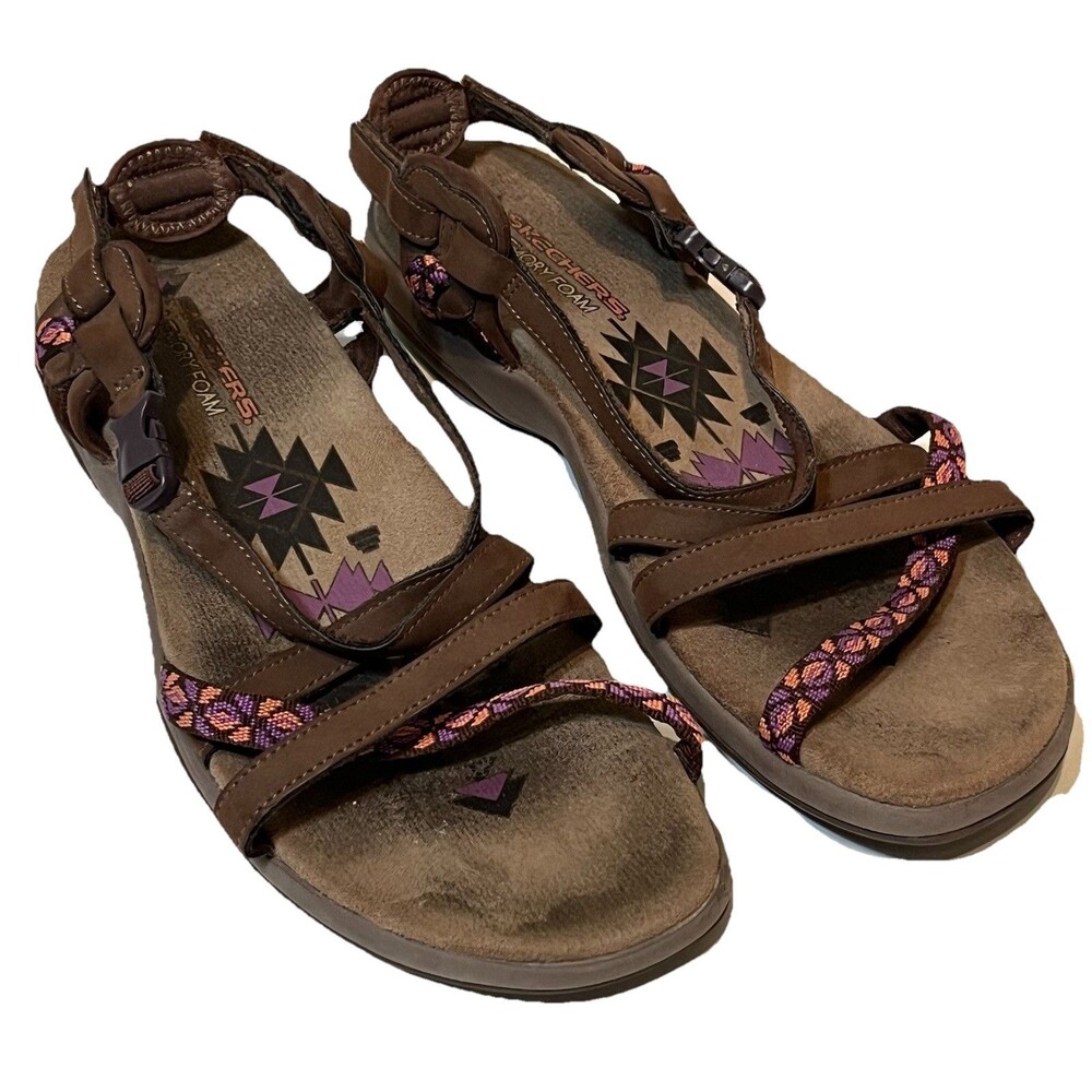 Skechers Reggae Slim Vacay Strappy Sandals  Slides Memory Foam Brown  Pink Sz 9